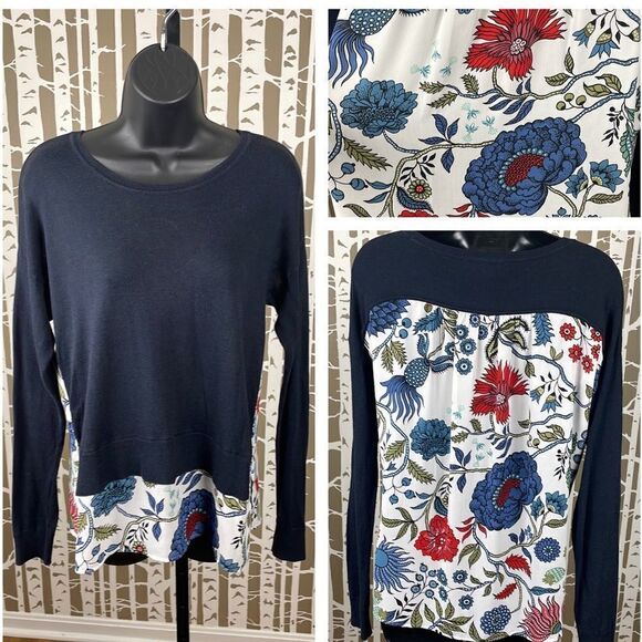 LOFT navy blue sweater with floral printed back panel sz XS - Picture 1 of 15